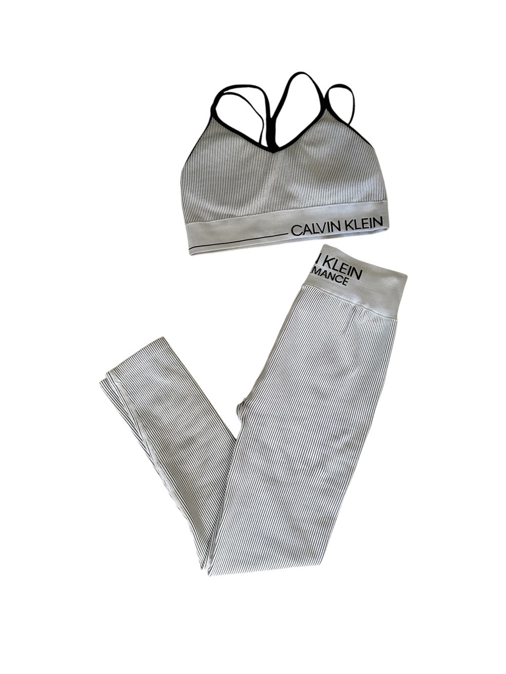 Calvin Klein Light Gray Ribbed Sports Bra & Legging Set with Black Trim Small